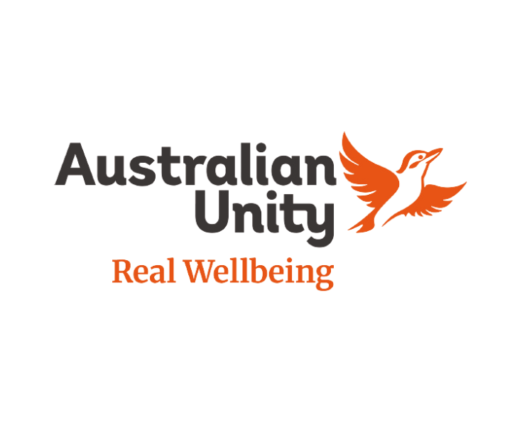 Australian Unity’s logo with orange text underneath reading ‘Real Wellbeing.’ 