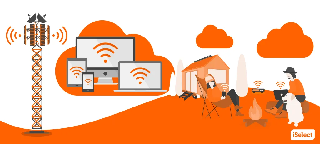 Illustration showing radio signals travelling from a tower to different devices, and people using their devices outside 