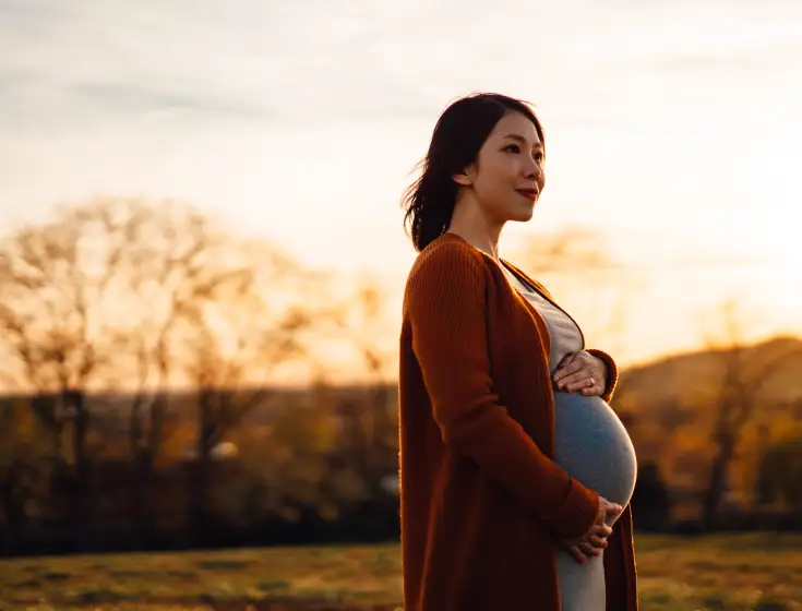 A heavily pregnant young Asian woman stands in field at dusk. She holds her stomach protectively as she smiles and looks into the distance. 