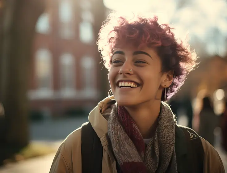 A young olive-skinned woman with short curly pink hair smiles as she looks into the distance. She is standing outside in the sun and is dressed warmly. 