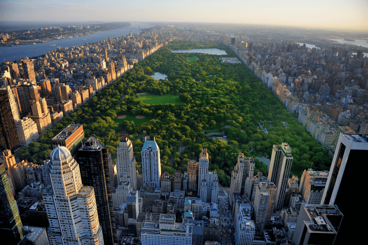 Birds-eye view of New York’s Central Park, with surrounding cityscape