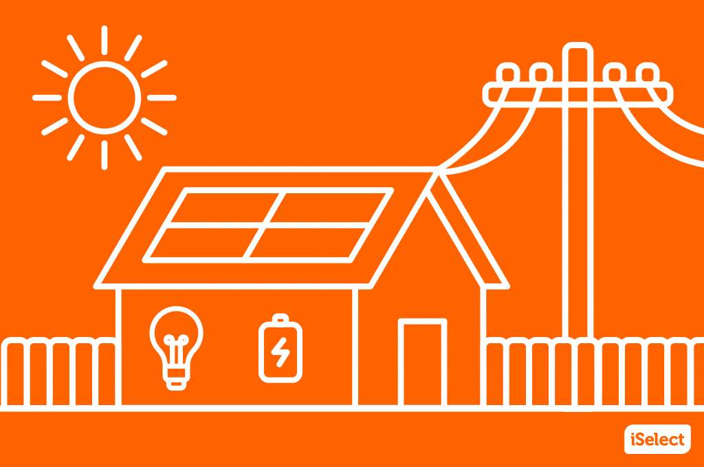 Graphic image of a house, with a light and battery icon inside. Sun rays on the left side directed onto the roof, through the house and move to electricity poles on the right side.