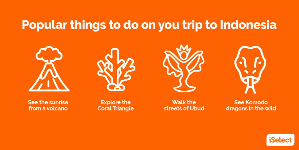 Orange square image with icons of an erupting volcano, coral, traditional Balinese dancer, and a Komodo dragon head. 