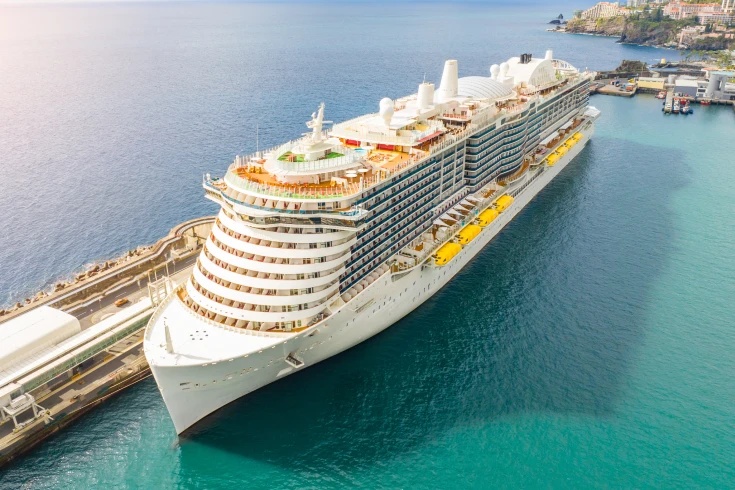 Large cruise ship docked on bright ocean water.