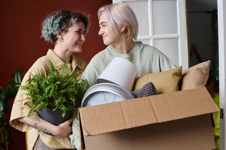 Couple moving house carrying a plant, a box of cushions and lamp