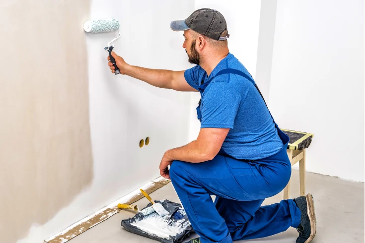 A tradesman kneeling while painting a wall with a roller. A paint tray and tools are on the floor nearby.