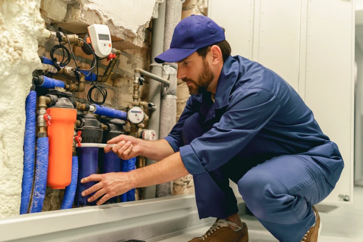 A tradesman crouching while working on a plumbing system.