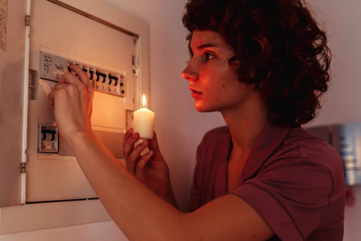 Woman holding a candle while looking at her home’s fuse box