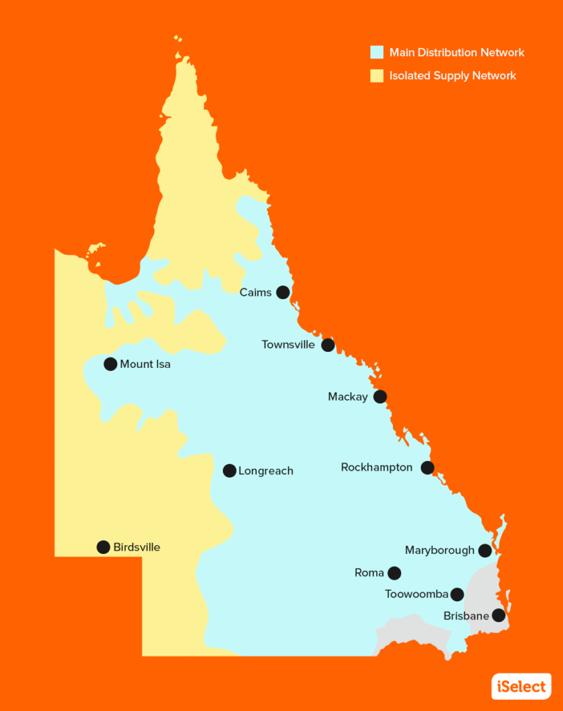 Illustrative map of Queensland with two highlighted sections for the main distribution area and isolated network area that make up regional Queensland 